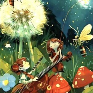 12x16 Enchanted Forest Night Insect Duo Musicians Magical Music Canvas Art Print